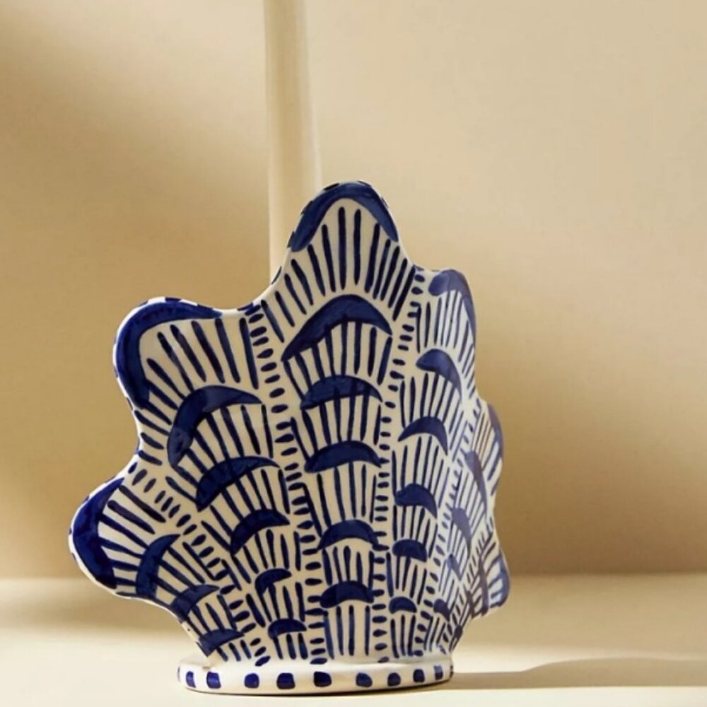 Brand New Anthropologie Lucie de Moyencourt Blue and White Shell Candle Holder - Picture 3 of 5